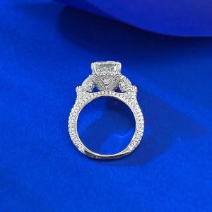 S925 silver ring with 5 carat radiant cut ice flower carbon diamond and pave setting