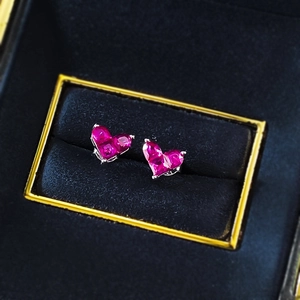 Minimalist S925 sterling silver heart-shaped ruby stud earrings in a luxury black gift box