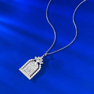 Elegant S925 sterling silver castle door necklace with rectangular gemstone and floral accent