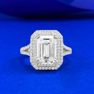 Bague Luxueuse en Argent Sterling 925 Taille Émeraude avec Strass Blanc Double Halo Anneau Fendu Pave Bijoux pour Femmes