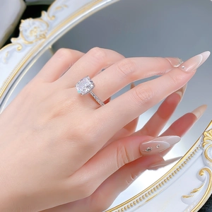 Macro detail of a 5-carat cushion cut high carbon diamond ring in 925 sterling silver