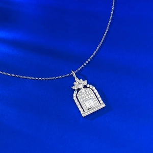 S925 silver castle gate pendant necklace with sparkling stones on dark blue background