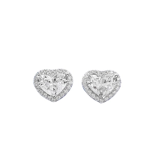 Elegant S925 sterling silver heart stud earrings with halo diamonds and polished finish