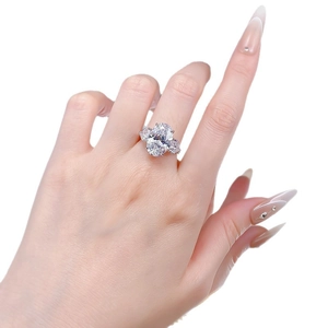 Classic oval cut 925 silver ring with three-stone design on a female model's hand