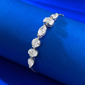S925 sterling silver bracelet featuring multi-shape zircons and adjustable slider clasp