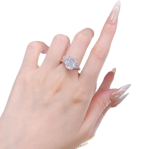 Luxurious S925 silver ring with 5 carat cushion cut diamond simulant on hand