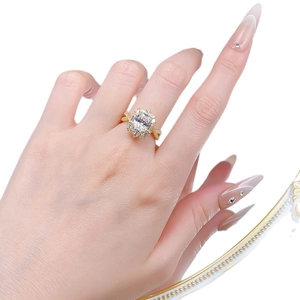 Elegant gold plated S925 silver ring with large rectangular zircon and twisted band