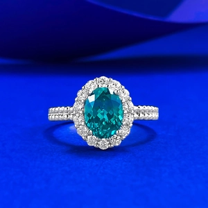 Luxury 925 Sterling Silver Oval Paraiba Green Rhinestone Halo Ring For Women Fresh Sweet Fashion Jewelry Accessory