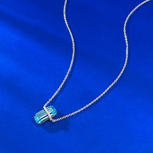 Exquisite S925 silver necklace with rectangular blue topaz and white zircon on blue silk
