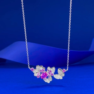 S925 Sterling Silver Pink Rhinestone Butterfly Flower Pendant Necklace For Women Elegant Fashion Inlaid Neck Jewelry