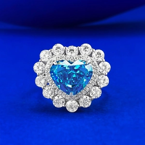 Luxueuse Bague Halo en Argent Sterling 925 avec Strass Bleu en Forme de Coeur pour Femme Bijoux de Doigt Élégants Cadeau