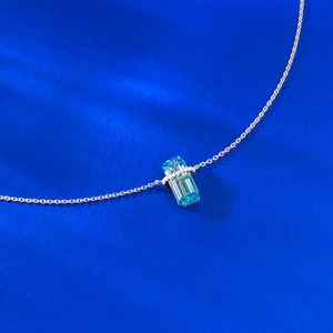 Exquisite S925 silver necklace with emerald cut light blue topaz and pavé zircons
