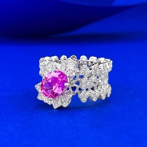 S925 silver lace ring with large oval pink gemstone and hollow floral pattern