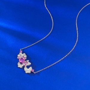Elegant S925 silver necklace with pink butterfly and flower pendant on blue silk