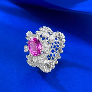Luxurious S925 silver lace ring with large oval pink gemstone and white zircon accents