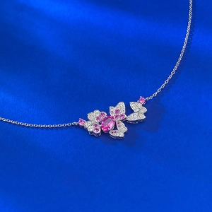 Elegant S925 silver necklace with a 1-carat pink gemstone and butterfly flower pendant