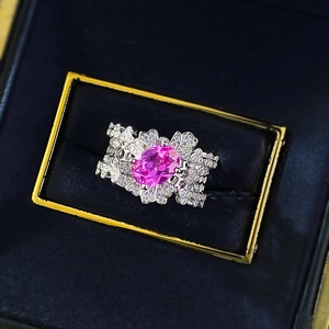 Luxury S925 silver ring with 6x8mm oval pink gemstone and intricate lace diamond halo
