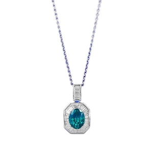Collier en argent S925 élégant avec pierre bleu-vert ovale et pendentif halo Art Déco
