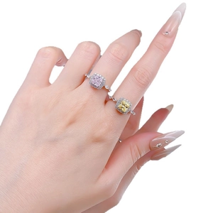 Elegant S925 silver rings with cushion-cut pink and yellow diamonds in halo setting