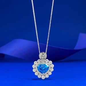 S925 Sterling Silver Serenity Heart Pendant Necklace For Women Artificial Aquamarine Heart Shaped Rhinestone Halo Necklace
