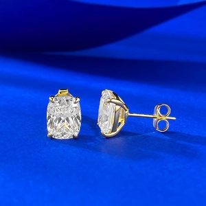 Detail of cushion-cut zircon stud earrings in 18K gold plated four-prong setting