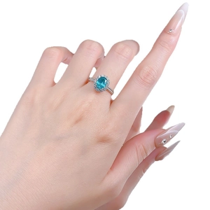 S925 sterling silver ring with 1.5ct oval paraiba color stone and halo micro-pave