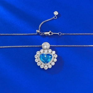 S925 sterling silver necklace with heart-shaped aquamarine pendant and halo of zircons