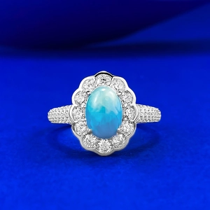 Bague en Argent Sterling S925 Larimar pour Femmes Vintage Halo Ovale Pierre Motif Marin Zirconia Incrusté Élégant Bijoux Cadeau Anniversaire