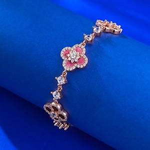 Elegant rose gold S925 silver four-leaf clover bracelet with pink enamel and zircons