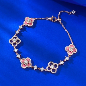 925 Sterling Silver Four Leaf Clover Bracelet For Women Rose Gold Pink Rhinestone Inlaid Adjustable Chain Fashion Jewelry