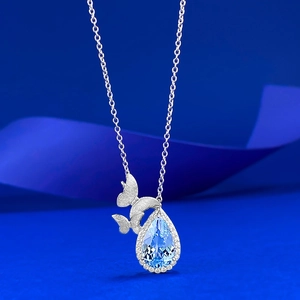 925 Sterling Silver Blue Topaz Butterfly Pendant Necklace For Women Elegant Pear Shaped Waterdrop Rhinestone Inlaid Jewelry Gift