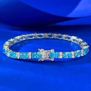 925 Sterling Silver Sea Blue Rhinestone Bracelet Elegant Oval Cut Blue Gemstone Tennis Bracelet For Women Fashion Jewelry