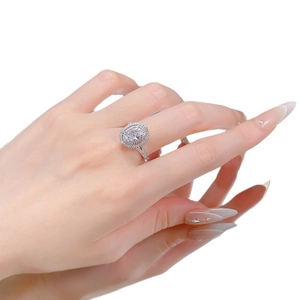 S925 sterling silver oval cut halo ring with double layer micro-pave diamond setting