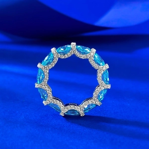 Luxury 925 Sterling Silver Eternity Ring For Women Sky Blue Oval Rhinestone Inlaid Pave Wedding Band Statement Finger Ring