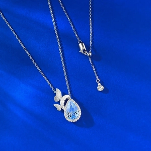 S925 silver necklace with blue topaz waterdrop pendant and butterfly accents