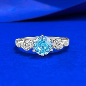 925 Sterling Silver Rose Flower Ring Vintage Aquamarine Color Rhinestone Inlaid Romantic Wedding Jewelry For Women