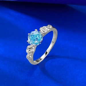 Elegant silver S925 ring with light blue gemstone and rose floral carving on band