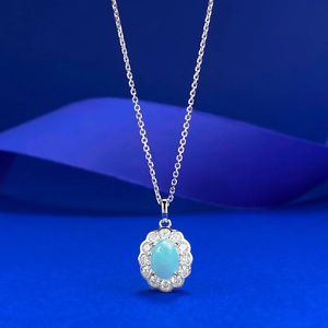 925 Sterling Silver Larimar Pendant Necklace For Women Elegant Oval Blue Natural Gemstone Rhinestone Halo Sweet Jewelry Gift