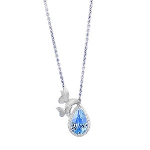 S925 silver necklace with blue topaz teardrop pendant and double butterfly accents