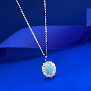 S925 sterling silver oval blue Larimar pendant necklace with sparkling zircon halo