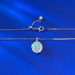 S925 sterling silver necklace featuring oval Larimar pendant with zircon halo