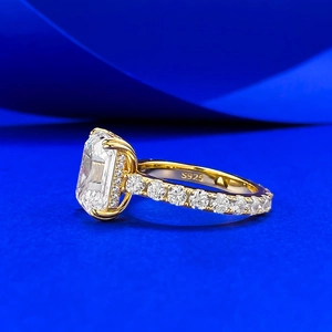 Luxury S925 silver gold-plated ring with large rectangular emerald cut clear stone