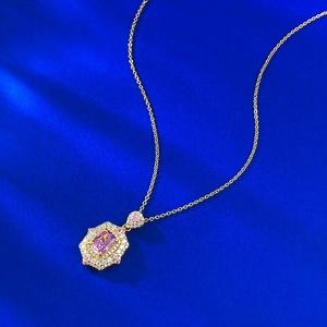 Exquisite S925 silver necklace with ice flower cut pink sapphire and double diamond halo