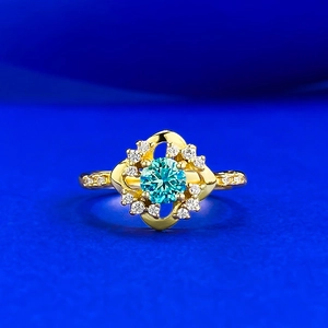 Bague Vintage en Argent Sterling 925 avec Strass Couleur Bleu Paraïba pour Femmes Bijoux de Mode Géométriques Plaqué Or