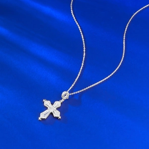 Vintage S925 sterling silver fleur-de-lis cross pendant necklace with zircon inlays