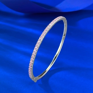 S925 Sterling Silver Pink Rhinestone Bangle Minimalist Slim Open Cuff Bracelet For Women Elegant Fashion Jewelry Gift