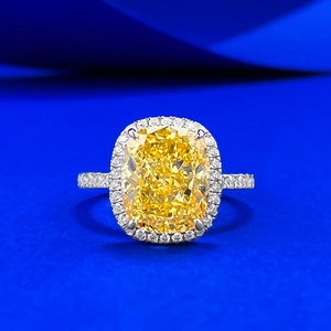 Luxurious 925 Sterling Silver Cushion Cut Yellow Rhinestone Ring Halo Pave Band Statement Wedding Engagement Jewelry For Women