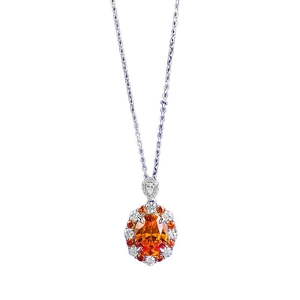 Elegante collana in argento S925 con gemma arancione ovale e doppio alone lucido