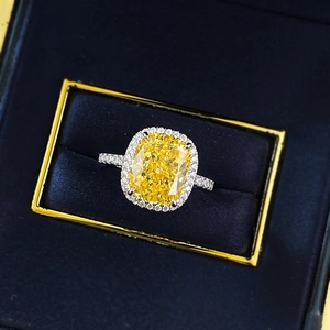 S925 silver cushion cut yellow diamond ring in luxury blue velvet jewelry box