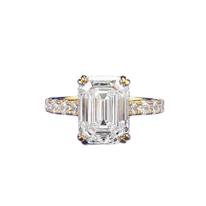 Luxury S925 sterling silver ring with emerald cut diamond and gold pave setting